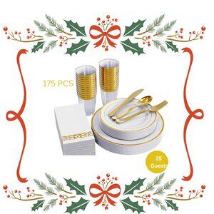 Gold Disposable Plastic Dinnerware Set for 25 Guests – 175 Pieces Plates, Cups,